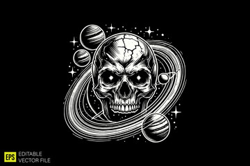 skull head  illustration dark art scary creepy style tattoo vector black and white background templates