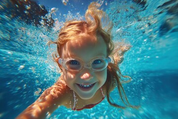 Naklejka premium Girl with goggles swims underwater in a pool smiling at the camera.