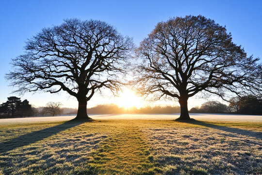 Warm sunlight illuminating trees in a frosty morning landscape