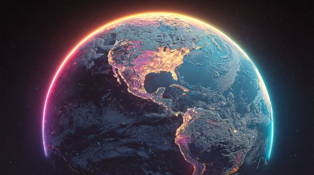 A glowing earth globe showing continents and oceans against a dark background.