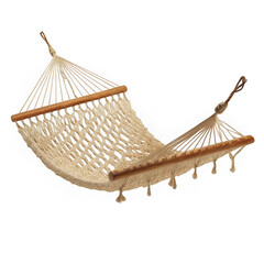 Obraz premium Isolated view of a woven hammock with wooden supports against white background
