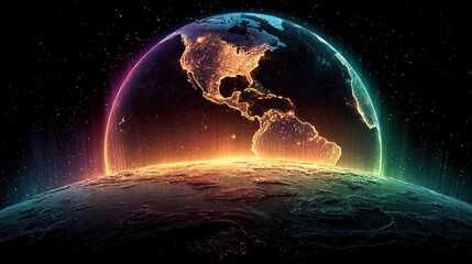 Earth globe with colorful glow effect against a dark background.