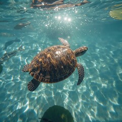 Obraz premium Serene ocean wildlife scene with a sea turtle swimming in warm, shallow, tropical sea