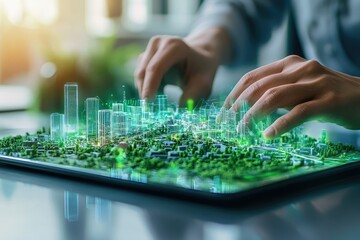 Obraz premium Hands interact with a digital model of a sustainable, green city displayed on a tablet.