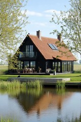 Obraz premium Nestled in a serene countryside setting, a stunning black house featuring a striking red roof stands gracefully, overlooking the calm, glistening waters under the bright daylight