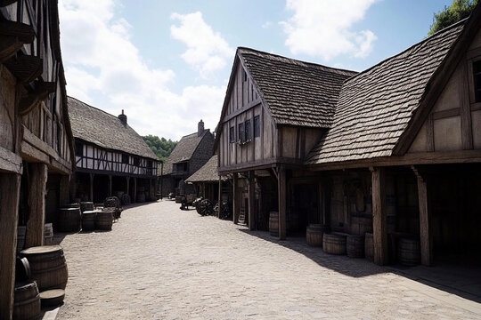 Daily life in a medieval village with bustling activity and buildings