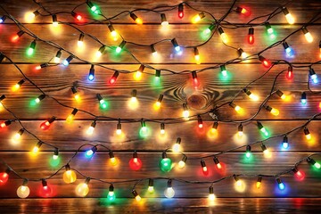 Multicolored christmas lights strung across a rustic wooden background
