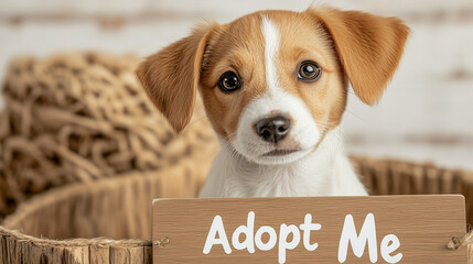 Cute puppy looking for a home with "Adopt Me" sign in basket  