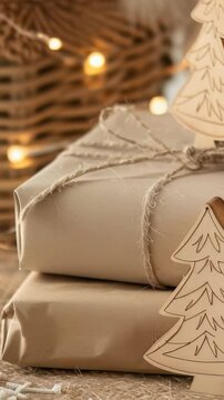 Warm-toned image features gifts wrapped in brown paper with twine, adorned with wooden tree ornaments and set atop a burlap cloth. Cinnamon sticks lie nearby, enhancing the festive atmosphere.
