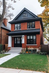 This stunning brick residence boasts a contemporary design and features a meticulously maintained garden, nestled in a lovely suburban neighborhood under the soft, overcast sky of an autumn day