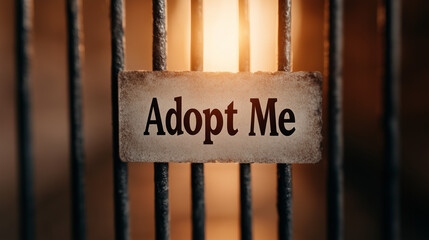 Sign saying "Adopt Me" on pet cage with warm lighting background  