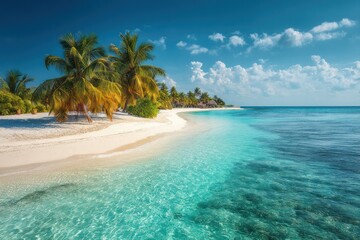 Fototapeta premium Tropical beach with palm trees and turquoise water under a blue sky.