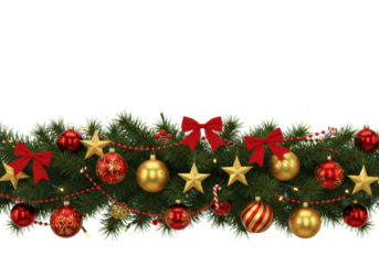 A vibrant christmas garland of deep green pine branches, glossy red and gold baubles, red/gold bows, stars, candy canes, and red beads, with golden glitter, isolated on a clean white background with