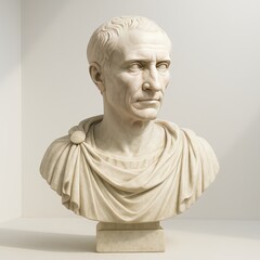 Obraz premium White marble bust of a Roman emperor detailed portrait sculpture on a pedestal studio lighting