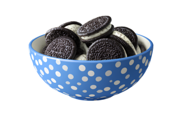 Oreo cookie cream salad in a blue polka dot bowl, isolated on a transparent background