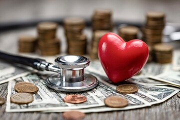 Stethoscope, red heart, and money showing cost of healthcare