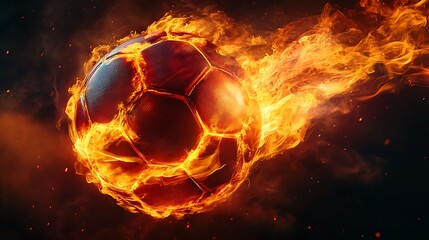 A soccer ball engulfed in flames against a dark background with fiery trails behind it