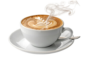 A steaming cup of latte art coffee on a white saucer perfect for cafe menu and breakfast concept shots isolated on transparent white background png