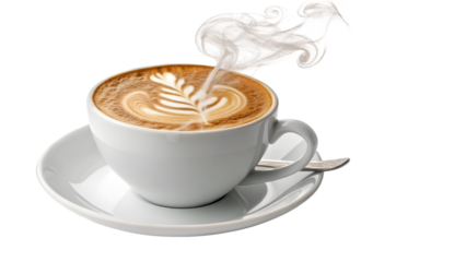 A steaming cup of latte art coffee on a white saucer perfect for cafe menu and breakfast concept shots isolated on transparent white background png