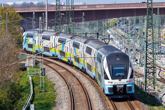 Westbahn long-distance railway train type Stadler KISS in Stuttgart Untert&uuml;rkheim, Germany