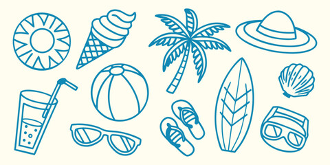 Summer Beach Doodle Set. Blue line art vector icons with sun, palm tree, and ice cream. Hand drawn graphics for vacation or party designs.