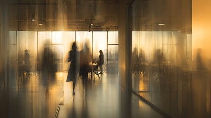 Blurred figures walking in a hallway with large windows and bright sunlight streaming through them