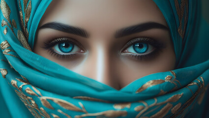 Captivating Blue Eyes Framed by Teal Veil – Cultural Beauty Close-Up Portrait