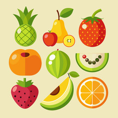 Vibrant Flat-Style Fruit Icons: Pineapple, Pear, Strawberry, Apple, Peach, Watermelon, and Orange Slices.