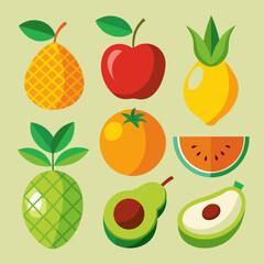 Vibrant Flat-Style Fruit Icons: Apple, Pear, Lemon, Pineapple, Orange, Watermelon, Avocado; Healthy Eating Concept.