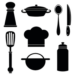 Collection of kitchen utensils and chef hat silhouettes isolated on white background