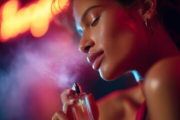 Fototapeta premium Perfume advertisement, fragrance and neon: close-up of a model applying perfume, neon signs glowing behind her, soft fragrance mist visible in air.