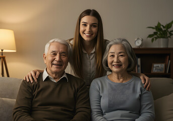 Three generations of a family smiling warmly together indoors.