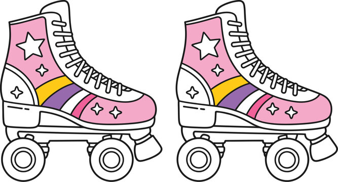 Illustration of two pink roller skates with stars and colorful stripes on a white background