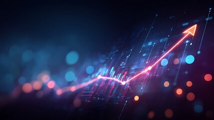 A glowing red arrow pointing upwards over a stock chart with a dark blue and purple bokeh background