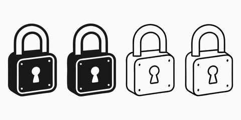 Lock padlock icon set. Closed lock symbols in solid and outline styles. Vector graphics for web, UI, key silhouette, lock silhouette and security concepts.