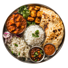 Traditional Indian Platter with Paneer, Rice, and Bread in a Vibrant Setting on transparent background