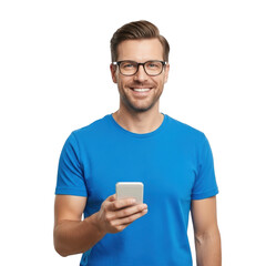Smiling man using mobile phone isolated on transparent background