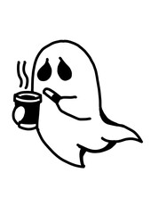 Cute ghost sipping hot coffee, a tired but friendly spirit illustration