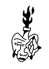 Fototapeta premium Abstract heart-face hybrid with a burning flame and a blooming rose. Symbolic