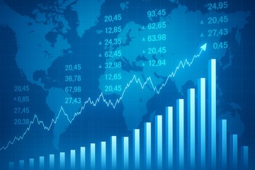 Blue financial chart displaying rising bar graph and line graph with global map background