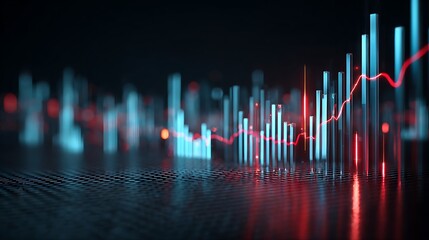 Abstract financial graph with rising red line and blue bars on a reflective surface