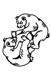 Playful illustration of two bears wrestling or fighting. Energetic animal art