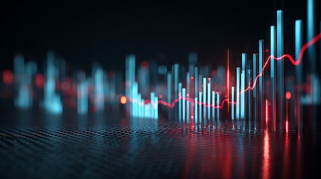 Abstract financial graph with rising red line and blue bars on a reflective surface