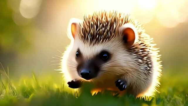 Cute hedgehog exploring green grass