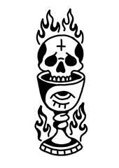 Flaming skull atop an eye-adorned chalice. Gothic, occult, symbolic art