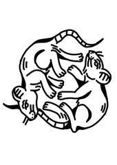 Two stylized mice intertwined in a circular, yin-yang like pose. Harmony