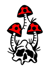 Surreal illustration: skull with vibrant red and black dotted mushrooms growing on it