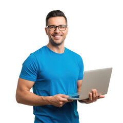 Smiling man holding laptop isolated on transparent background