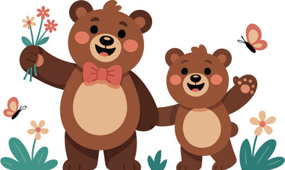 Obraz premium Two cartoon bears one holding flowers and wearing a bow tie with butterflies and flowers around them