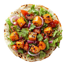 Grilled Vegetable Salad on Flatbread with Fresh Herbs and Dressing on transparent background